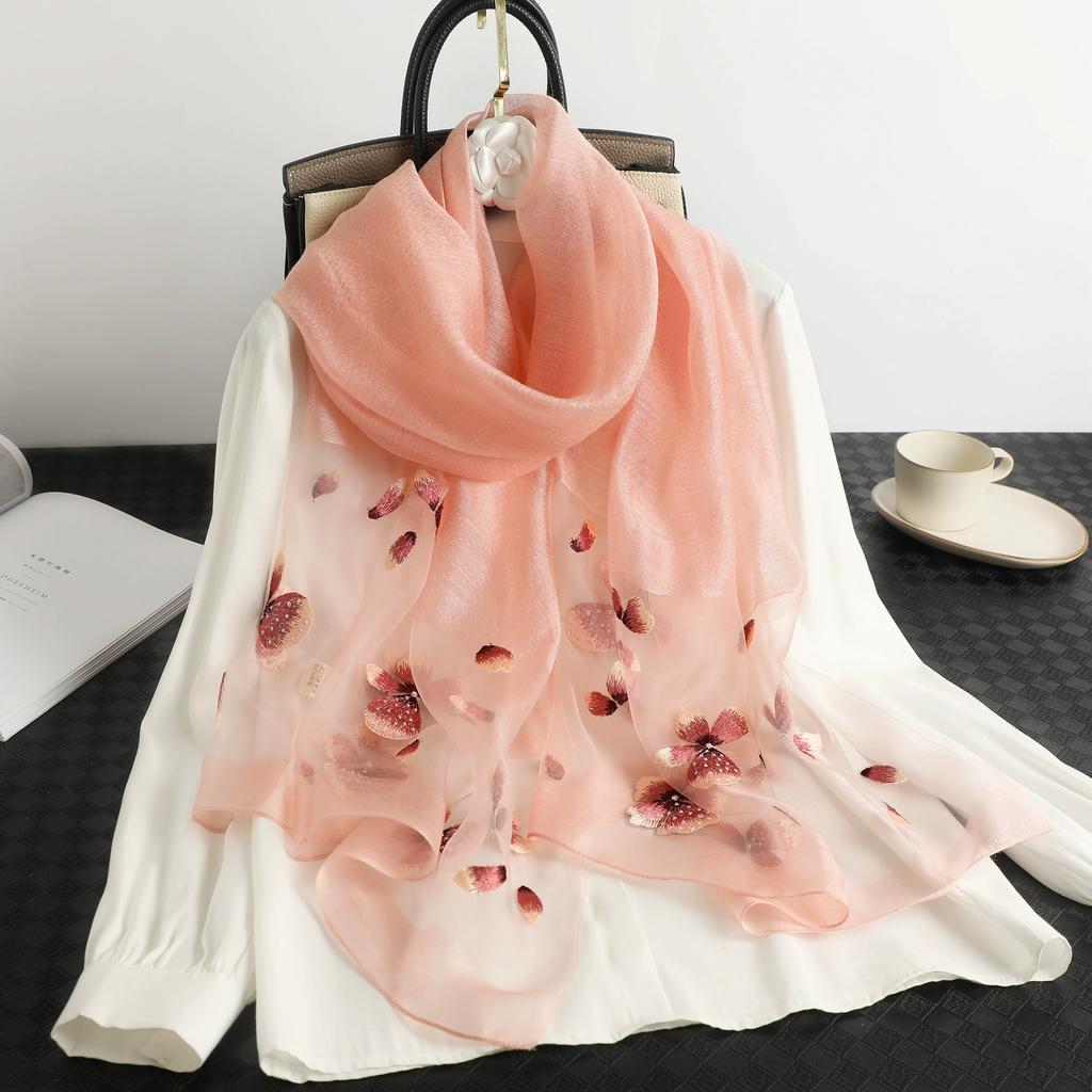 Floral Embroidered Silk Scarf Springautumn Thin Mulberry Silk Scarf Elegant And Decorative Shawl