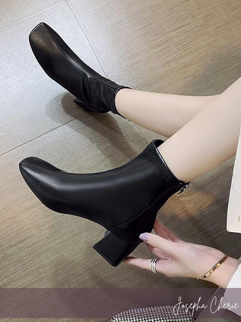 Short Boots with Back Zip Platform Sock Genuine Low Boot Large [Josepha Cherie] Women's - Knee-High Boots, Boots, Boots, Leather, Waterproof, Black,