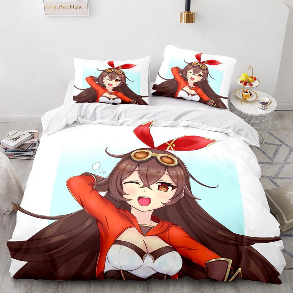 Gaming Genshin Impact Hutao Cosplay Duvet Cover Cartoon Bedding Set Full Size King Bed Comforter Quilt Cover Pillowcase Home