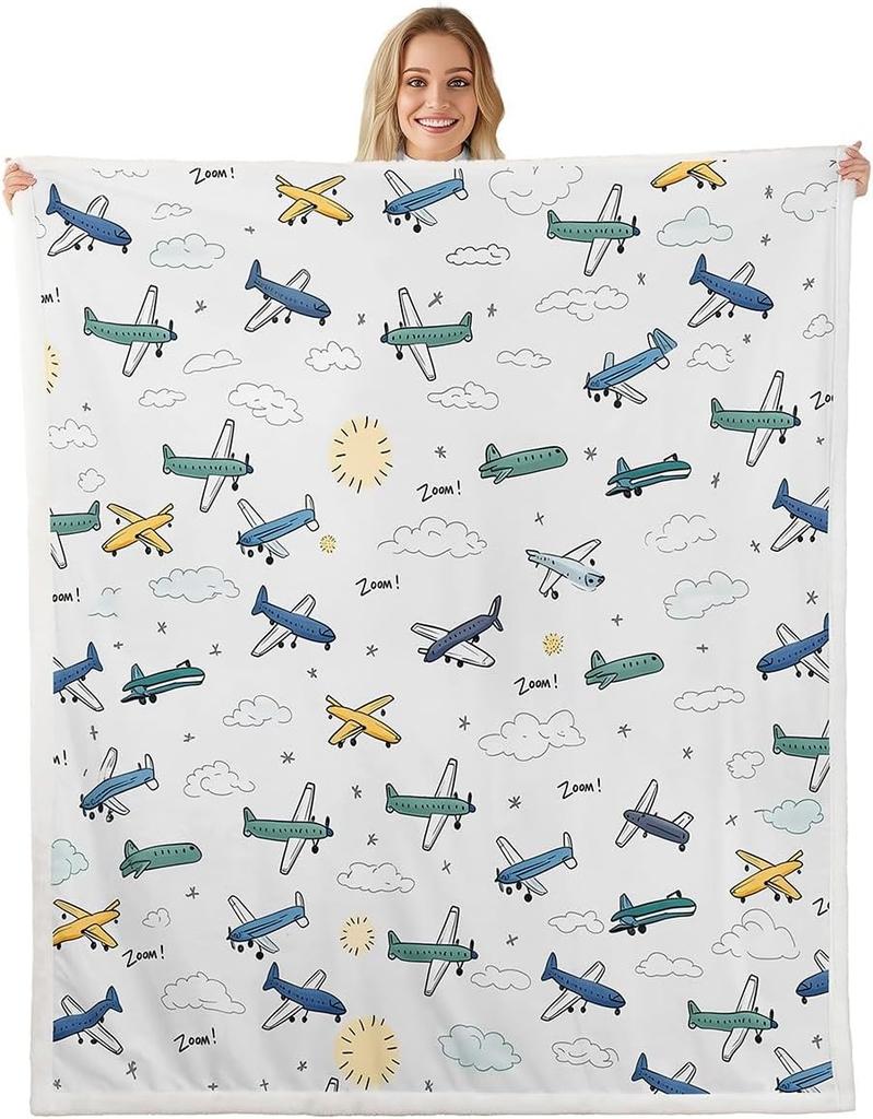 Airplane Kids Blanket Cartoon Plane Pattern Fleece Throw Baby Room Decor Travel Theme Cozy Bed Cover