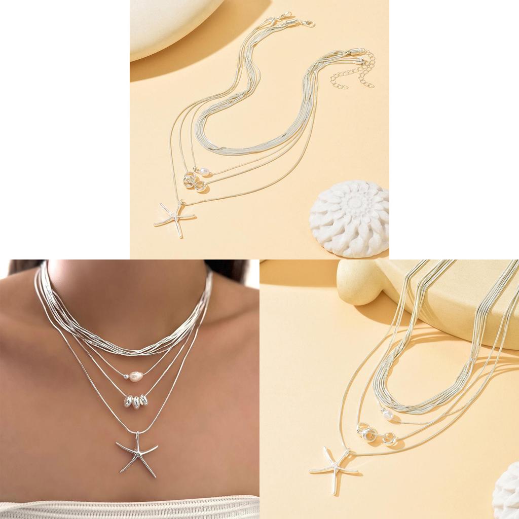 Starfish Multilayer Necklace Alloy Geometric Pendant For Women Summer Fashion