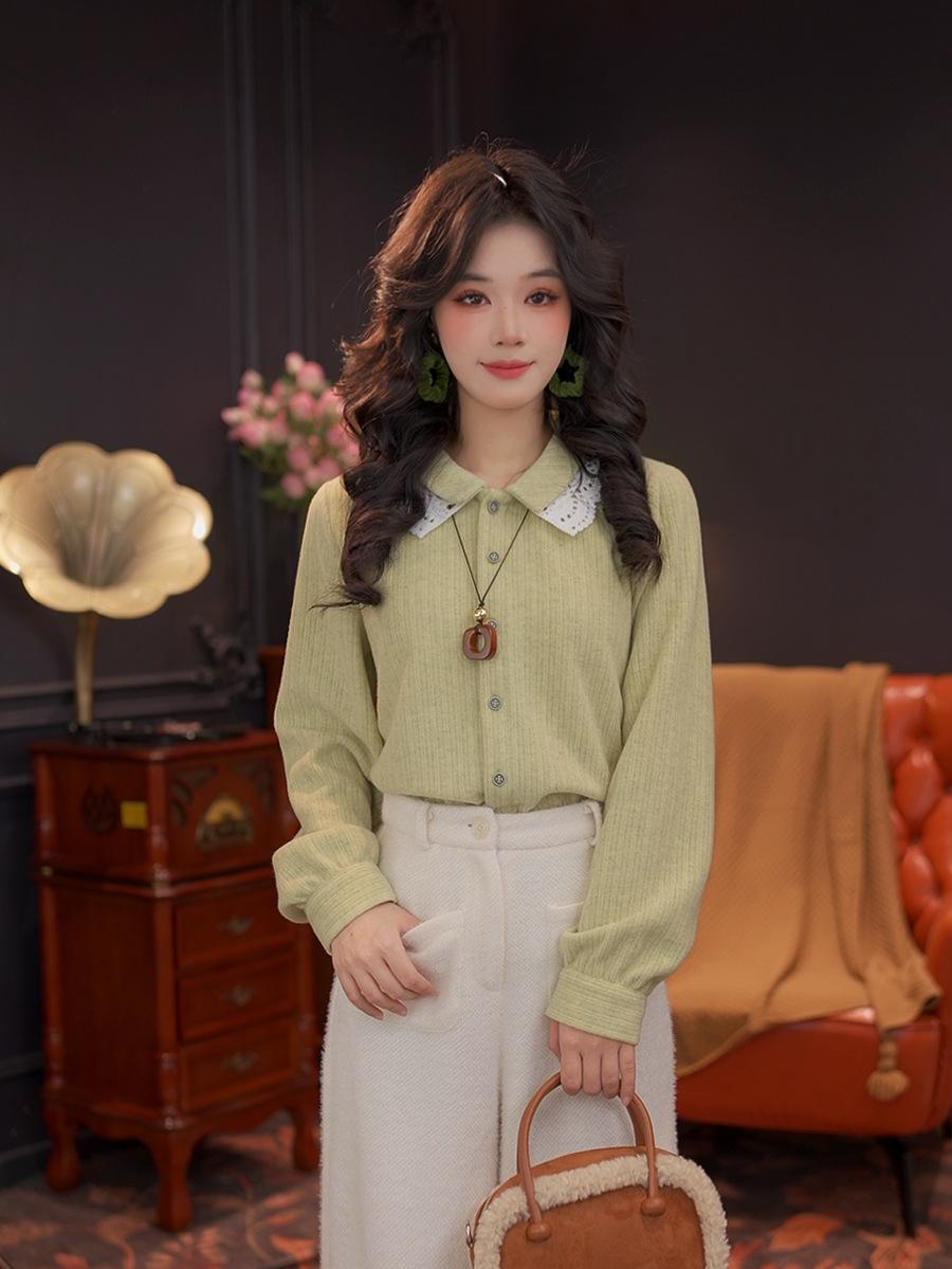 Women s Long Sleeve Lace Peter Pan Collar Shirt for Autumn/Winter #S14935 M зелёный