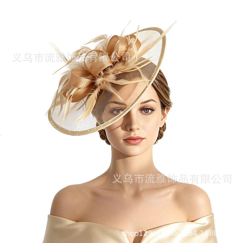 Vintage Bridal Mesh Headdress Feather Head Flower Headdress Top Hat Wedding Dress with Racing Party Headdress