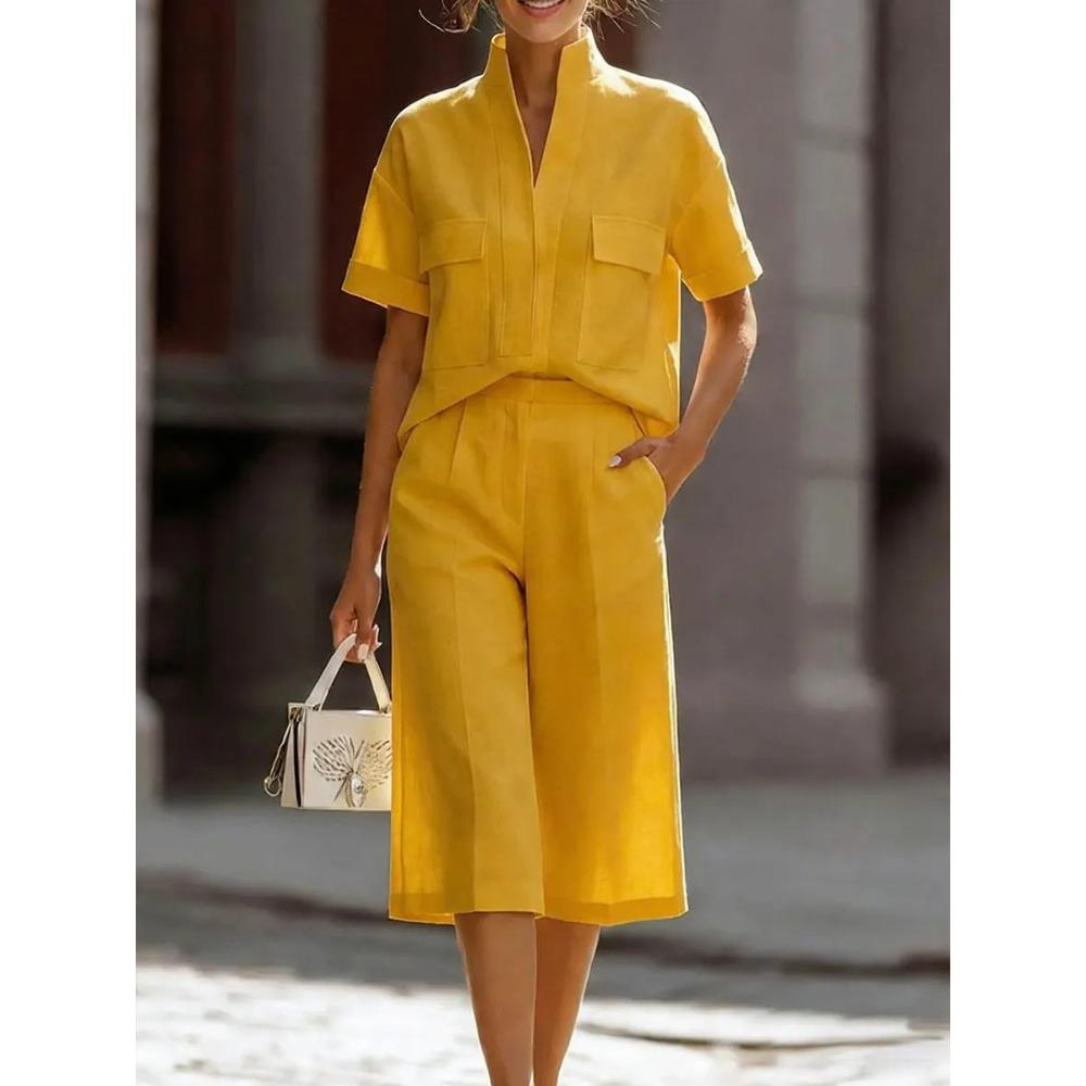 Women's Loose Fit Two-piece Outfit Set Short Sleeve Stand Collar Shirt High Waist Culotte Coordinates