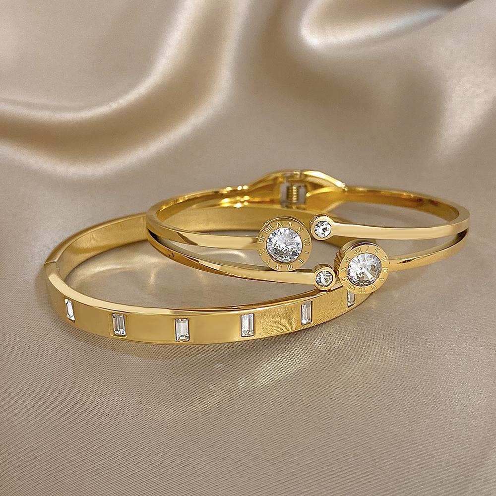 New Stainless Steel Waterproof Cuff Bracelet Bangle for Women Exquisite Shiny Inlaid Zircon Geometric Stacked Jewelry Gifts