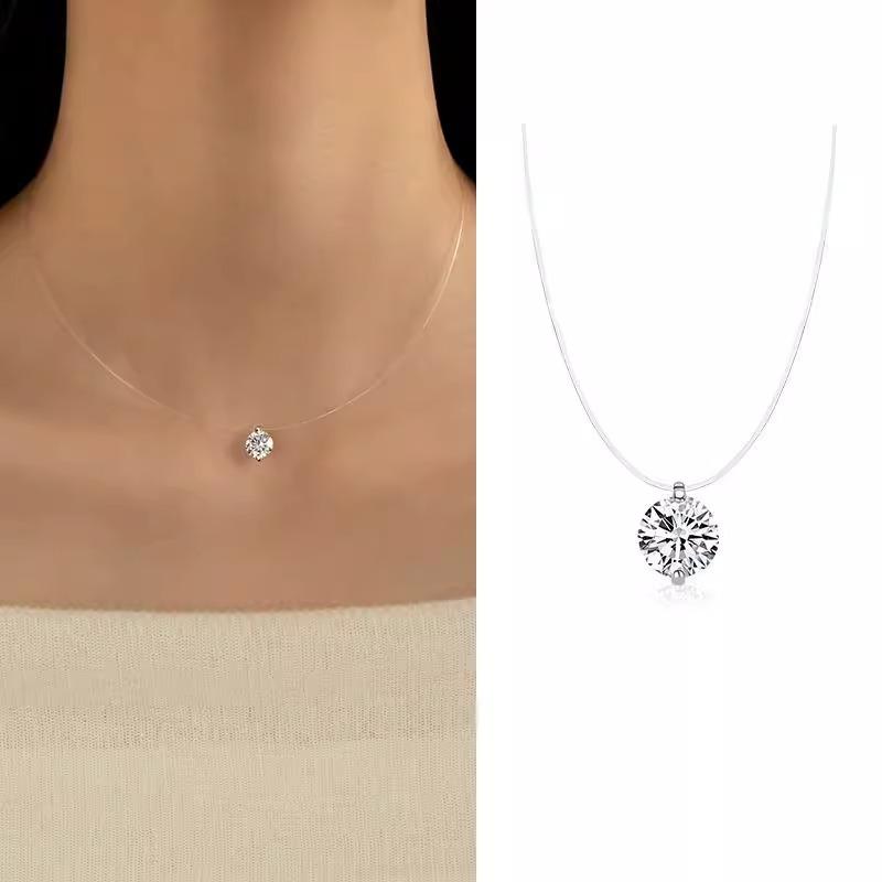 Transparent Fishline Diamond Pendant for Women, Invisible Necklace with Large Drop-shaped Zircon, Clasp Chain for Collarbone, Mermaid Tear Necklace
