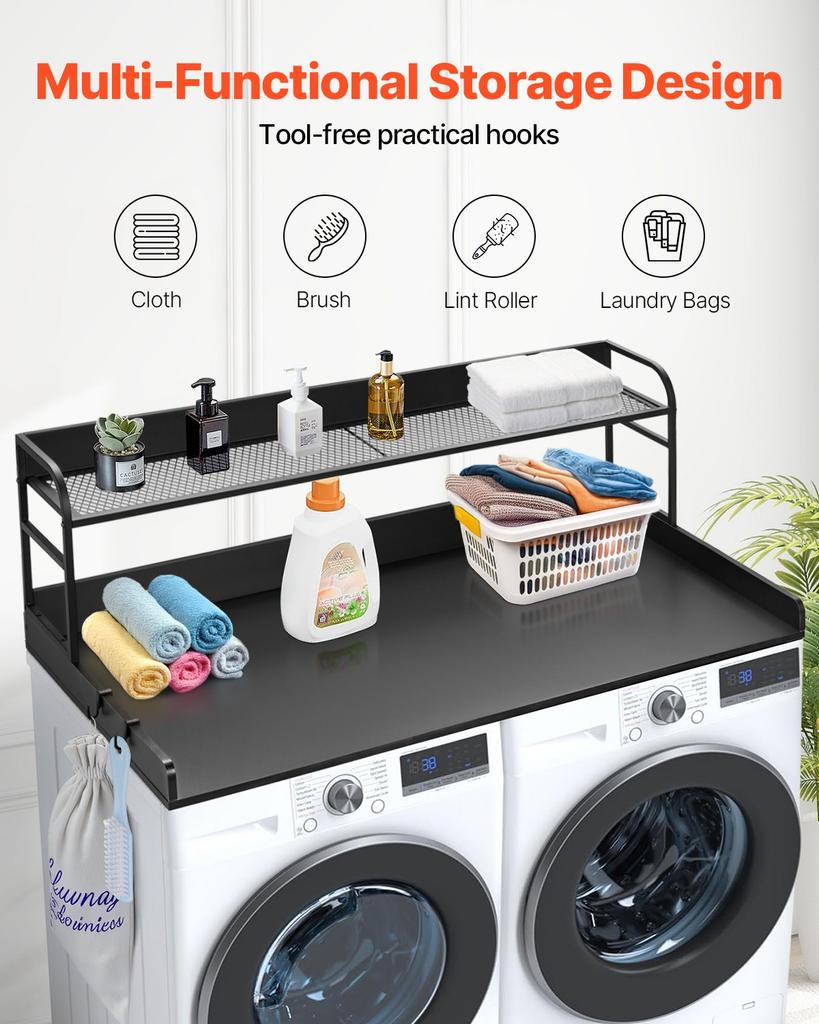 VEVOR Washer Dryer Countertop with 2-Tier Shelf, 54" x 27" Wooden Washer and Dryer Countertop with Anti-Slip Pads