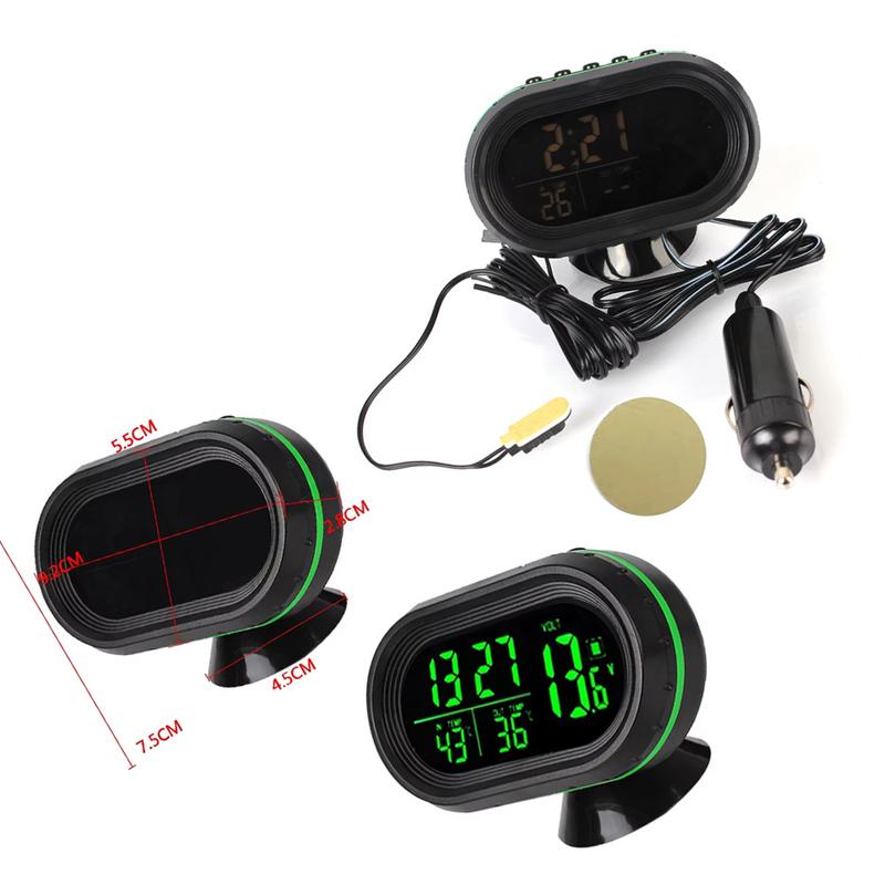 Car LCD Digital Display Clock 3 In 1 Thermometer Clock Voltmeter Freeze Alert Self-Adhesive Car-Styling Green Orange Backlight