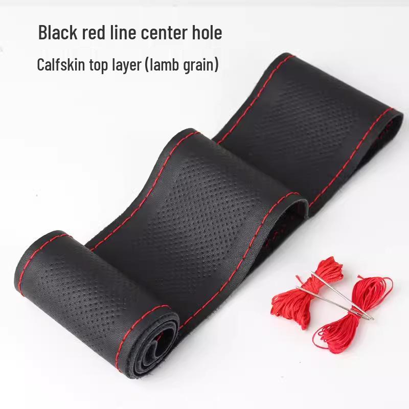 Genuine Sheepskin Texture Leather Steering Wheel Cover, All-Season, Hand-Stitched Calfskin