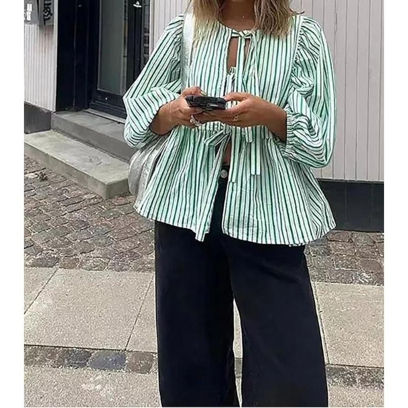 Spring and Summer Sweet and Casual Lace-up Striped Women's Blouses & Shirts