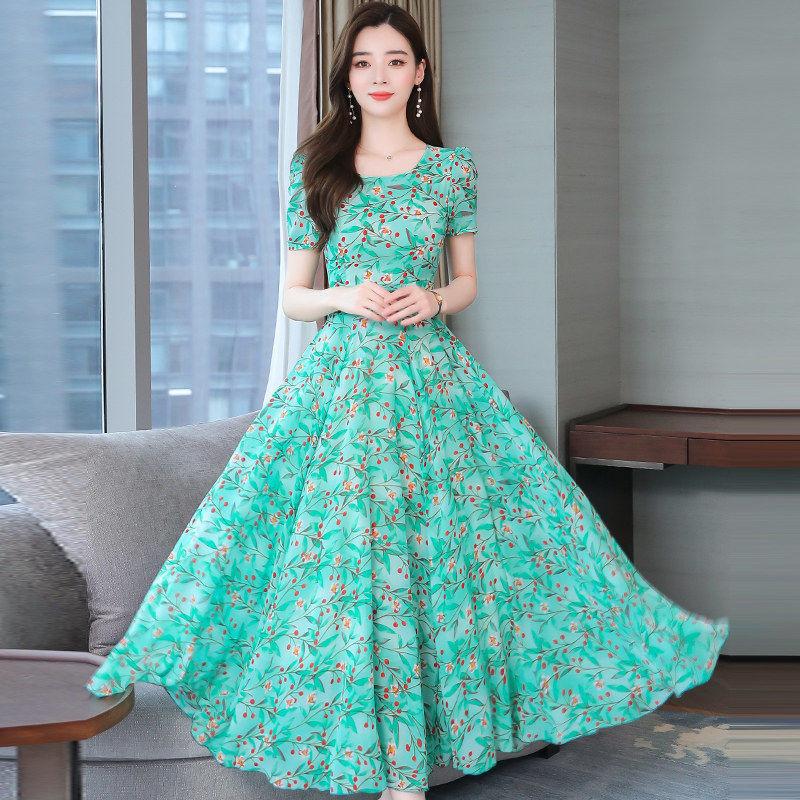 

WTEMPO Женское летнее платье большого размера с круглым вырезом, пляжное платье с принтом для отпуска, темпераментное платье с талией, свободное платье с цветочным принтом 3XL зелёный