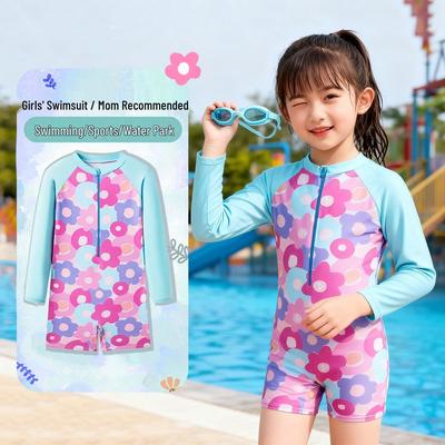 Long-Sleeve Floral Sun-Protective Swimsuit for Girls - Colorful One-Piece with Boy Shorts for Sports Training