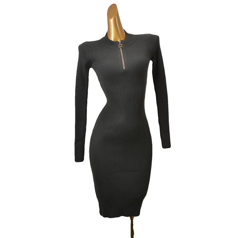 Thread High Elasticity Long Sleeves Knitted Hip Skirt Fashion Wind Sexy Silm Slim Looking Metal Zipper Dress
