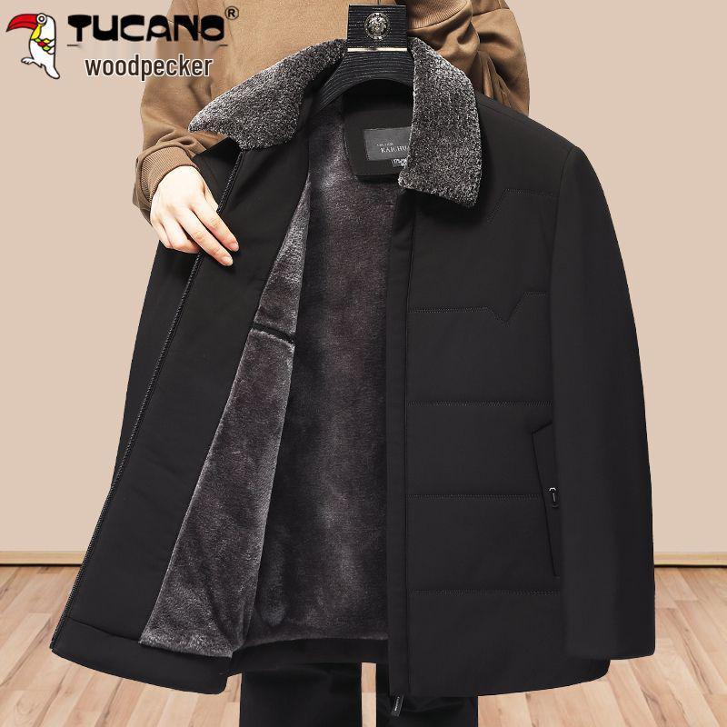 Woodpecker Men's Plus Velvet Thickened Winter Jacket - Warm Cotton Outerwear for Middle-Aged and Elderly