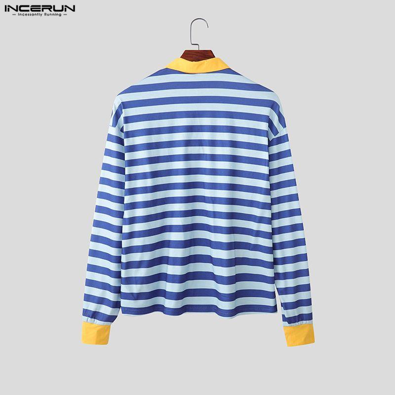 INCERUN Men Lapel Neck Long Sleeve Stitching Striped Casual Oversized T-shirts Tops