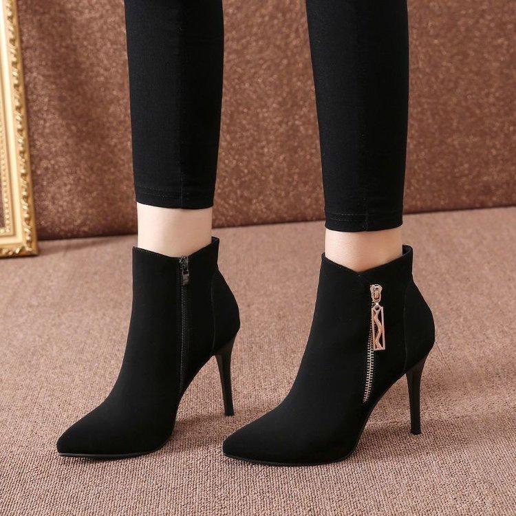 Fashion High-heeled Short Boots Women's 2025 Autumn and Winter Velvet Thin-heeled Women's Boots Pointed Versatile and Thin Korean Version of Briti