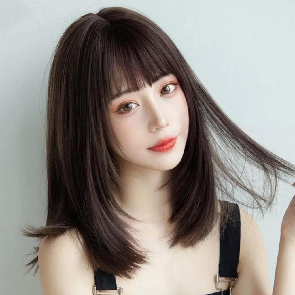 EMMOR Wig Wig Full Wig Crossdressing Wig Medium Straight Wig Natural Small Face Heat Resistant Layer Net Included Dark Brown Semi-Long Women's Women's