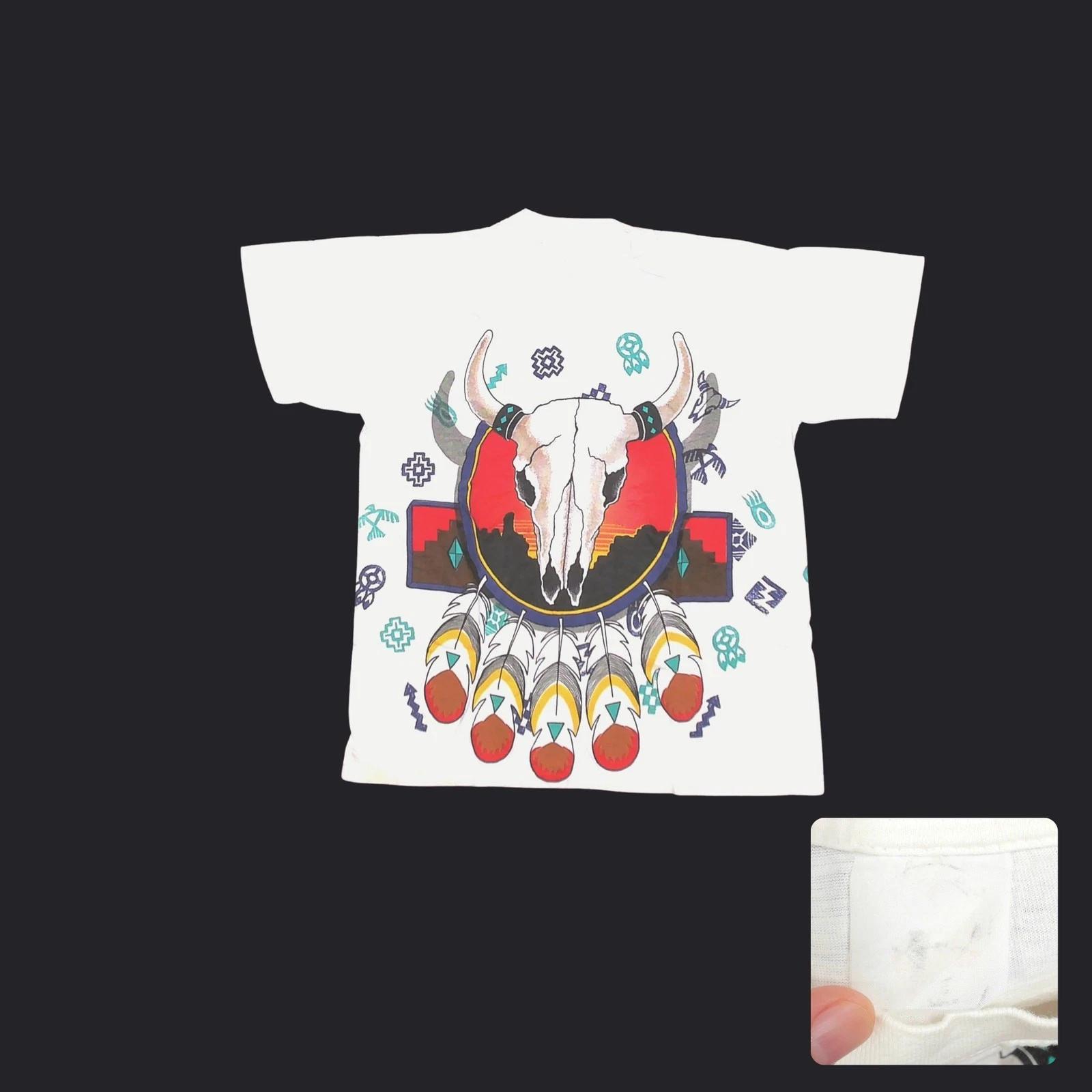 90s Single Stitch Sitting Bull Skull Native American Western White Tee Mens M XL