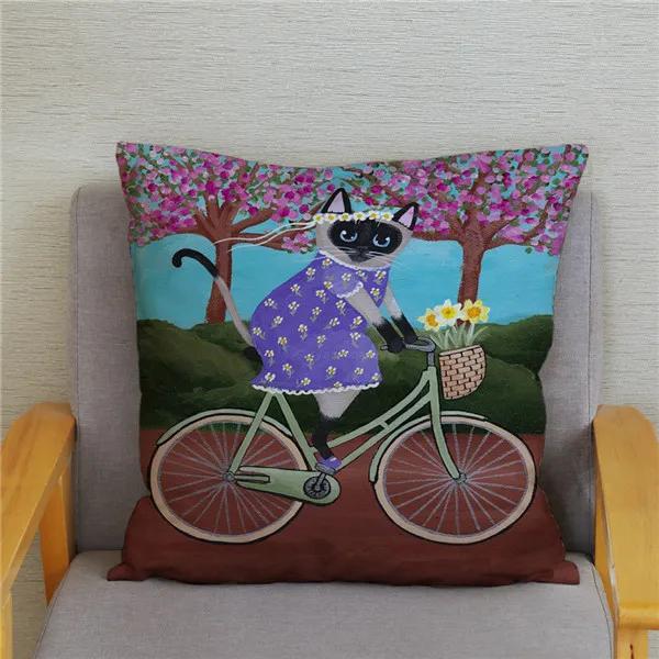 Cartoon Cycling Cat Print Cushion Cover Super Soft Pillowcase 45x45  Home Decor