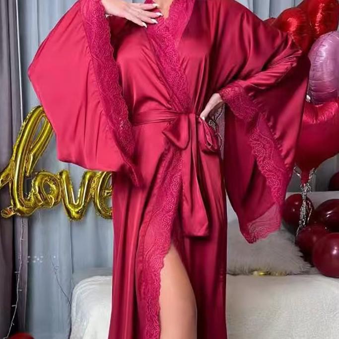Elegant Black Lace-Trim Plus Size Robe with Belt – European & American Style Nightgown
