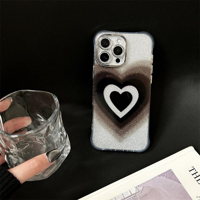 Stilvoller schwarzer Farbverlauf Liebesherz Glitzer mit Kameraglasfolie Handyhülle für iPhone 16 15 14 13 12 11 Pro Max Plus