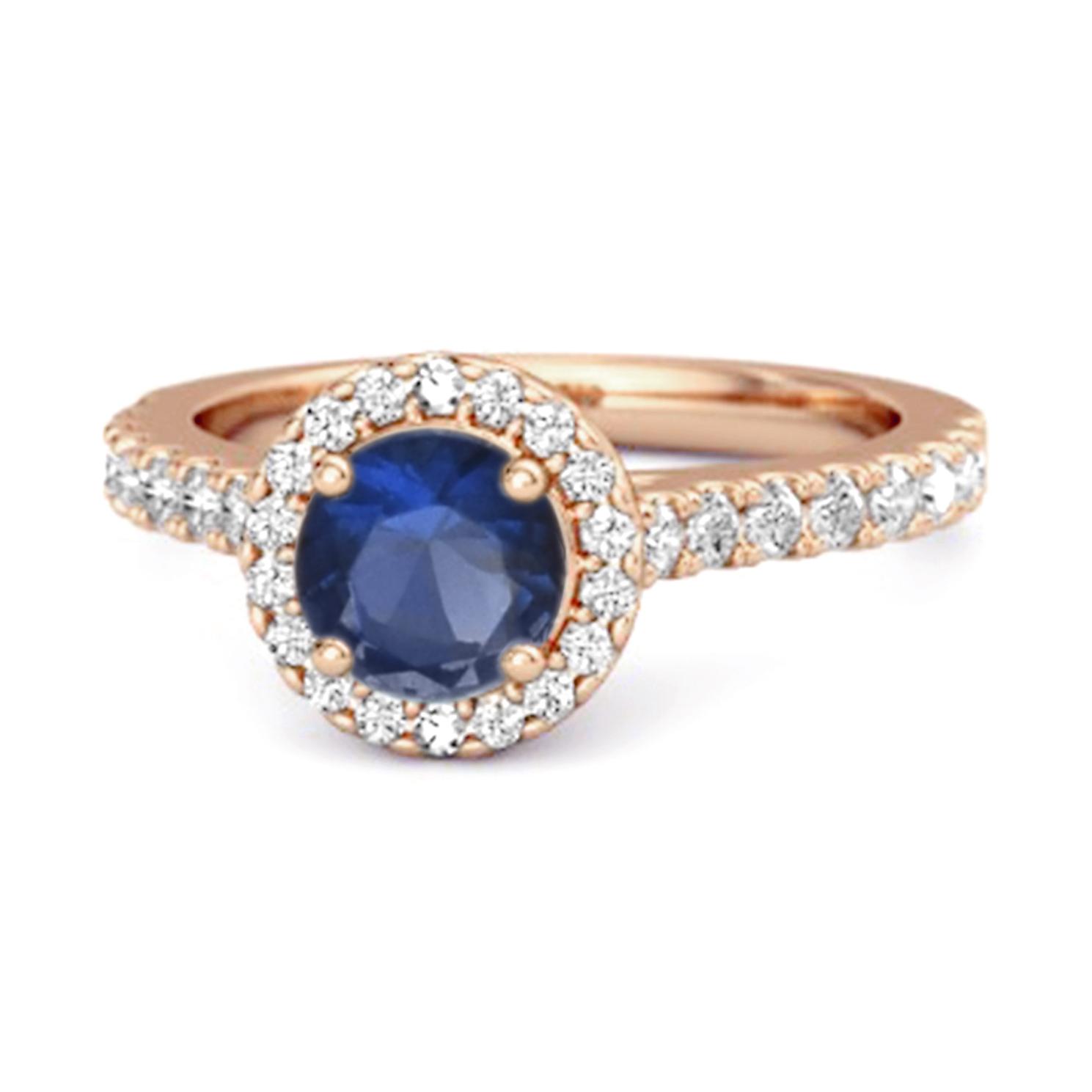 Blue Sapphire Round Halo Accents Ring - 925 Sterling Silver Rose Gold Vermeil 9.5