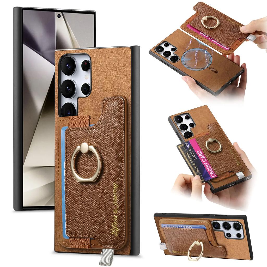 Carteira com Porta-Cartões Magnético 2 em 1 Capa de Couro com Suporte de Anel Destacável Para Samsung Galaxy S24 Ultra S23Plus A05 A55 A15 A25 Capa
