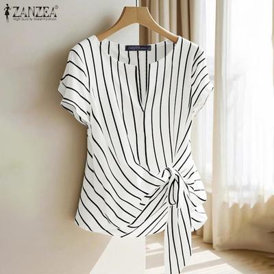 Women Casual V-Neck Short Sleeve Lace Up Stripe Blouse