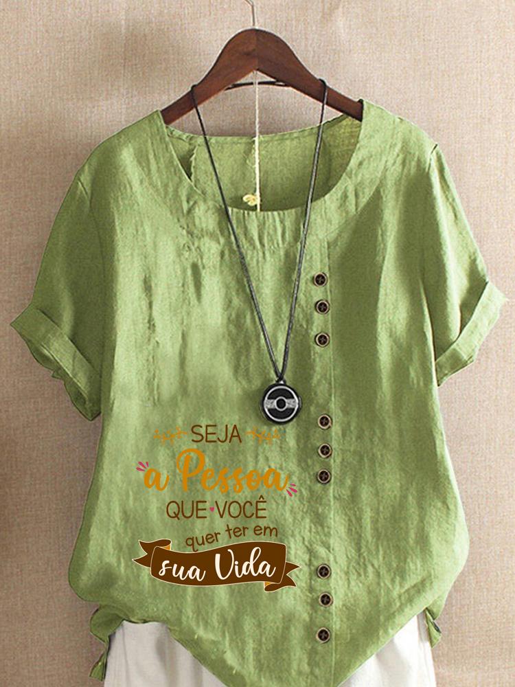 

Women s Fashion Letter Print Round Neck Short Sleeve T-shirt Casual Cotton Linen Graphic Shirt Leisure Loose Summer Blouse Tops 5XL зелений