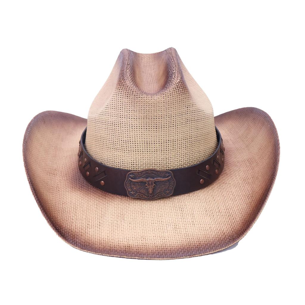 Straw one-word sunshade straw hat Western cowboy hat Bull head label belt decorative hard top hat