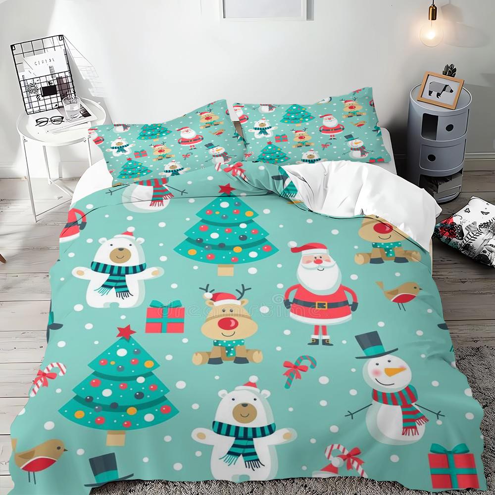 Christmas Duvet Cover Cartoon Santa Claus Christmas Tree Bedding Set for Children Teens Bedroom Decoration Queen King Full Size