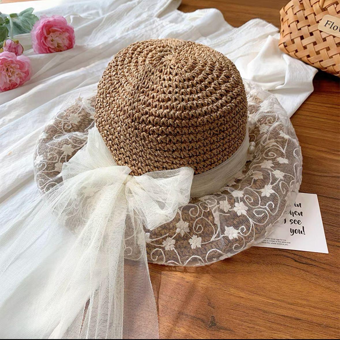 

Women s Summer Hat Lace Ribbon Bow Flower Beads Big Brim Sunscreen Bucket Hat Sunshade Beach Accessories Sunhat New 56-58cm хакі