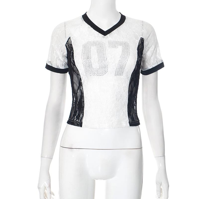 

European Women s Autumn/Winter V-neck Rhinestone Lace Color Block Patchwork Top XS