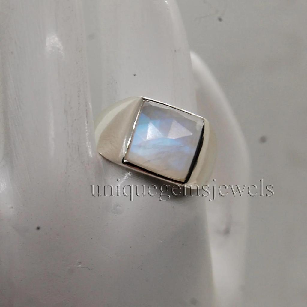 Square Rose Cut Blue Fire Rainbow Moonstone 95 Sterling Silver Ring Jewelry, Unisex Handmade Artisan Gift Ring