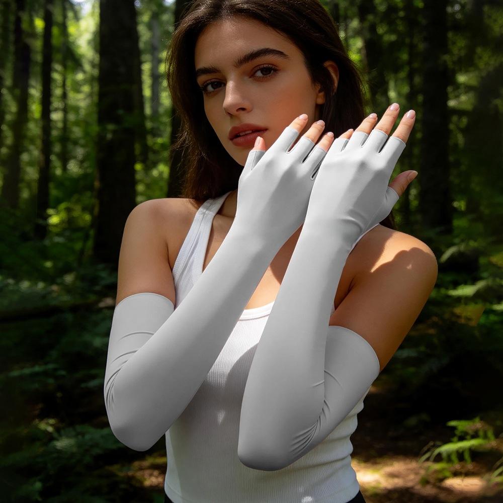 Women s Summer Outdoor Ice Silk Sun Protection Arm Sleeves Anti UV Fingerless Cooling Gloves 1 pair(2pcs) серый