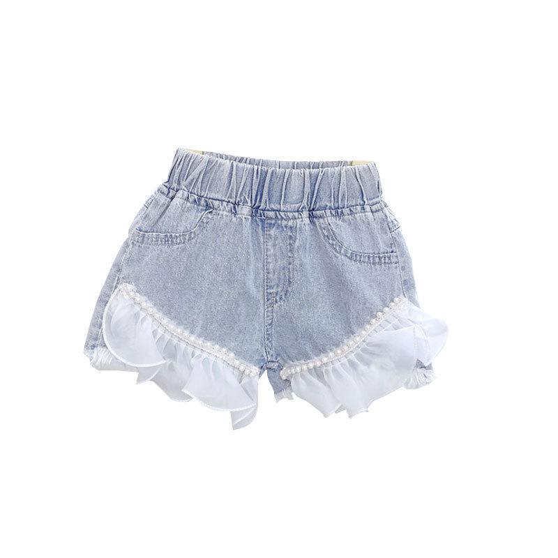 Korean Style Girls' Lace Trim Denim Shorts - Summer Casual Wear