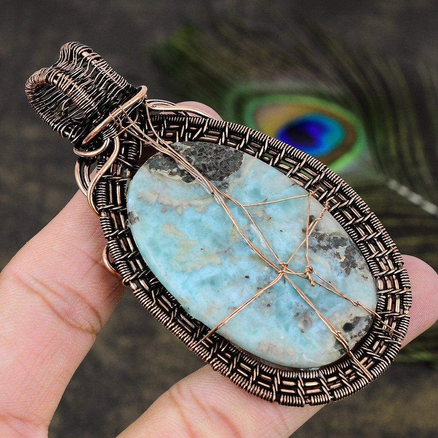 Caribbean Larimar Gemstone Copper Wire Wrap Jewelry Pendant 3.43