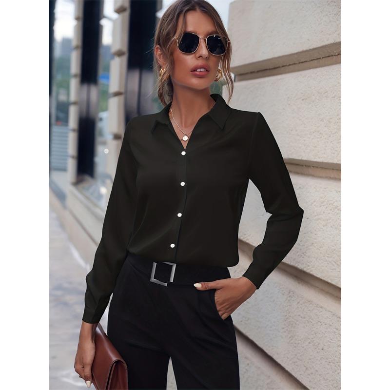 Chemise Femme Tempérament Décontractée Ample Confortable Bouton Revers Mode Chemise Couleur Unie Manches Longues Chemise de Bureau Femme