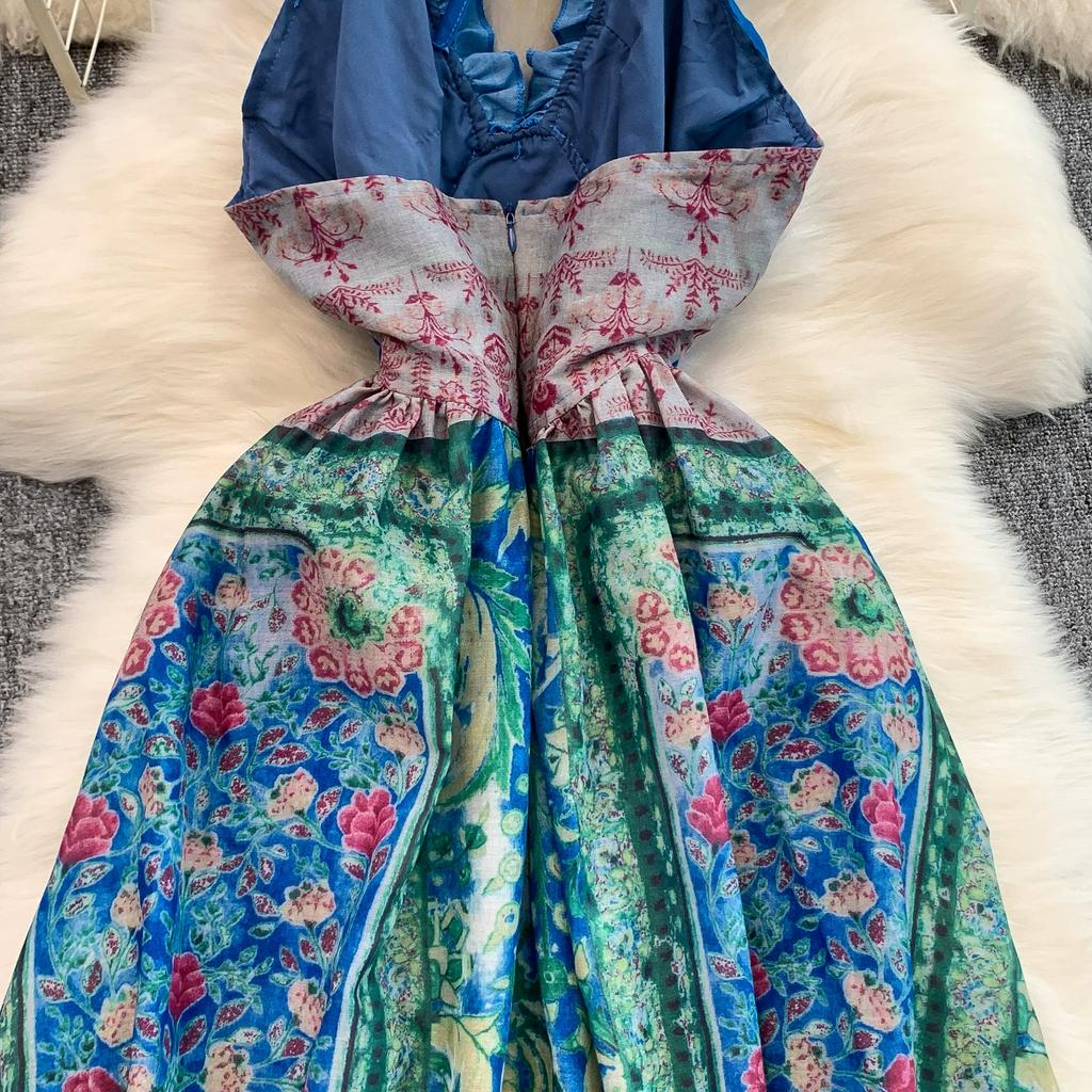 Summer Women Sexy Halter Open Back Print Long Maxi Holiday Beach Dresses