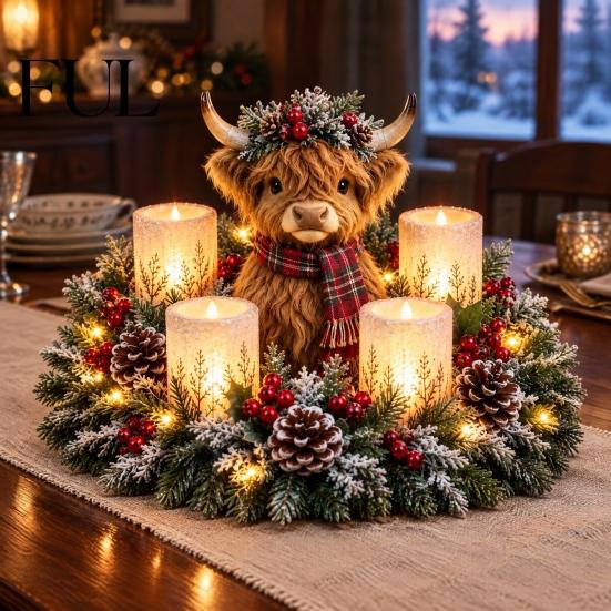 Christmas Party Supplies Lighted Highland Cow Table Centerpiece, Resin Flickering LED Flameless Candles, Frosted Pinecone Displays Pine Red