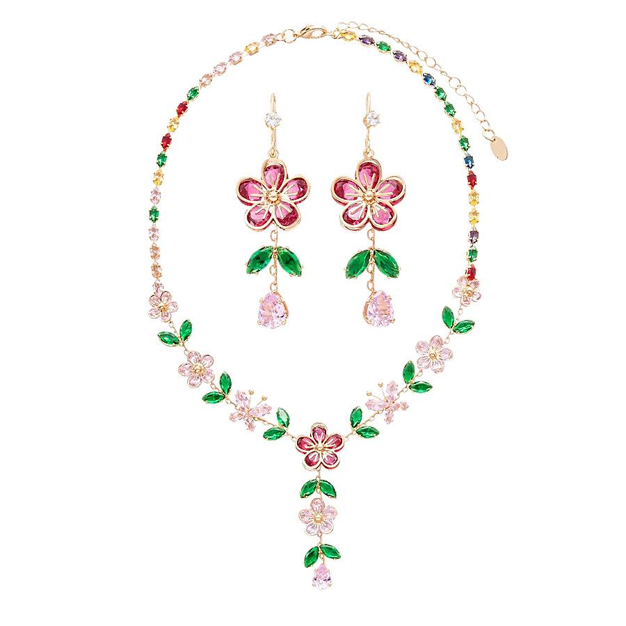 Luxury Pink Crystal Jewelry Set for Women Elegent Butterfly Flower Zircon Chain Pendent Necklace Earrings Wedding Jewelry Set
