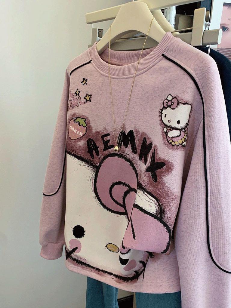 Women's Cute Pink Cartoon Crew Neck Sweatshirt - Early Autumn Petite Style, Super Trendy.