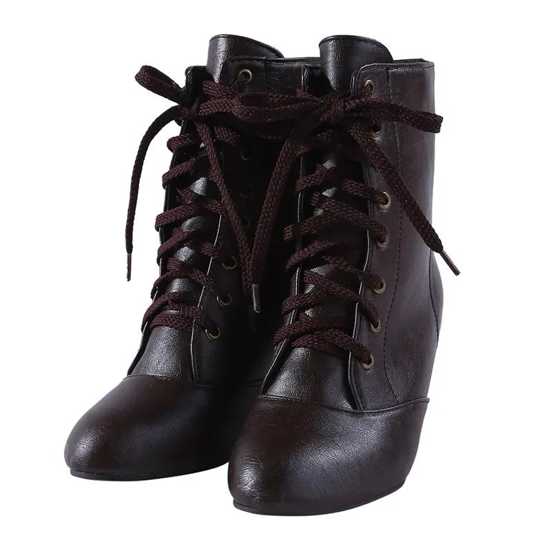 Fashion New Fashion Women Low Kitten Heel Ankle Boots Victorian Round Toe PU Leather Shoes Steampunk Lace Up Retro Jeans Boots