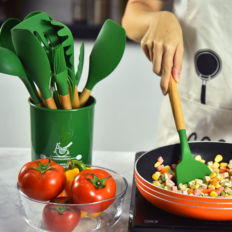 Gugrida 12-Piece Easy Food-Grade Silicone and Beechwood Cookware Set with 10 Stainless Steel Hooks (Dark Green)