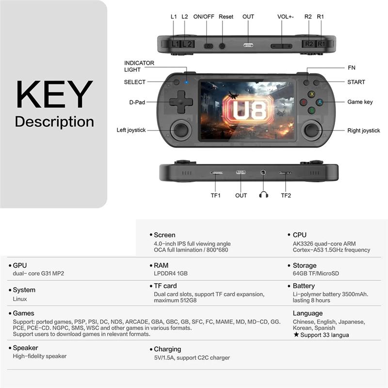 B03B-U8 Retro Palm Game Console Open Source Linux System Game Console Game Console 128GB Black