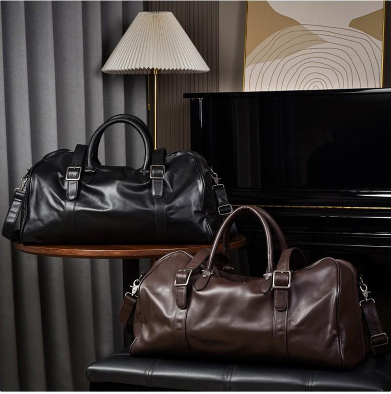 Men's Genuine Leather Multi-Functional Travel and Gym Bag - Large Capacity Cowhide Luggage Bag
