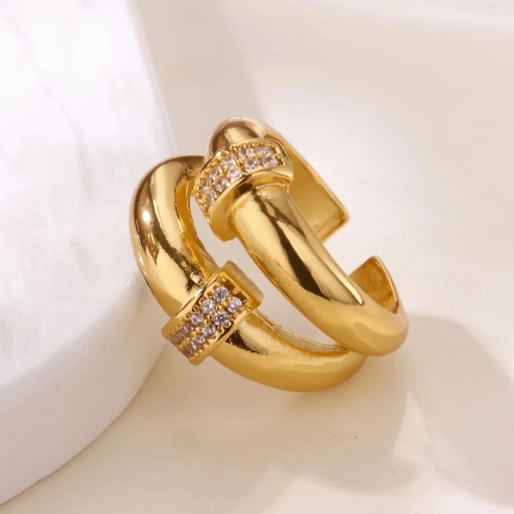 Zircon Double Round Rings For Women Gold Color Stainless Steel Geometric Adjustable Finger Rings Wedding Couple Jewelry Gifts