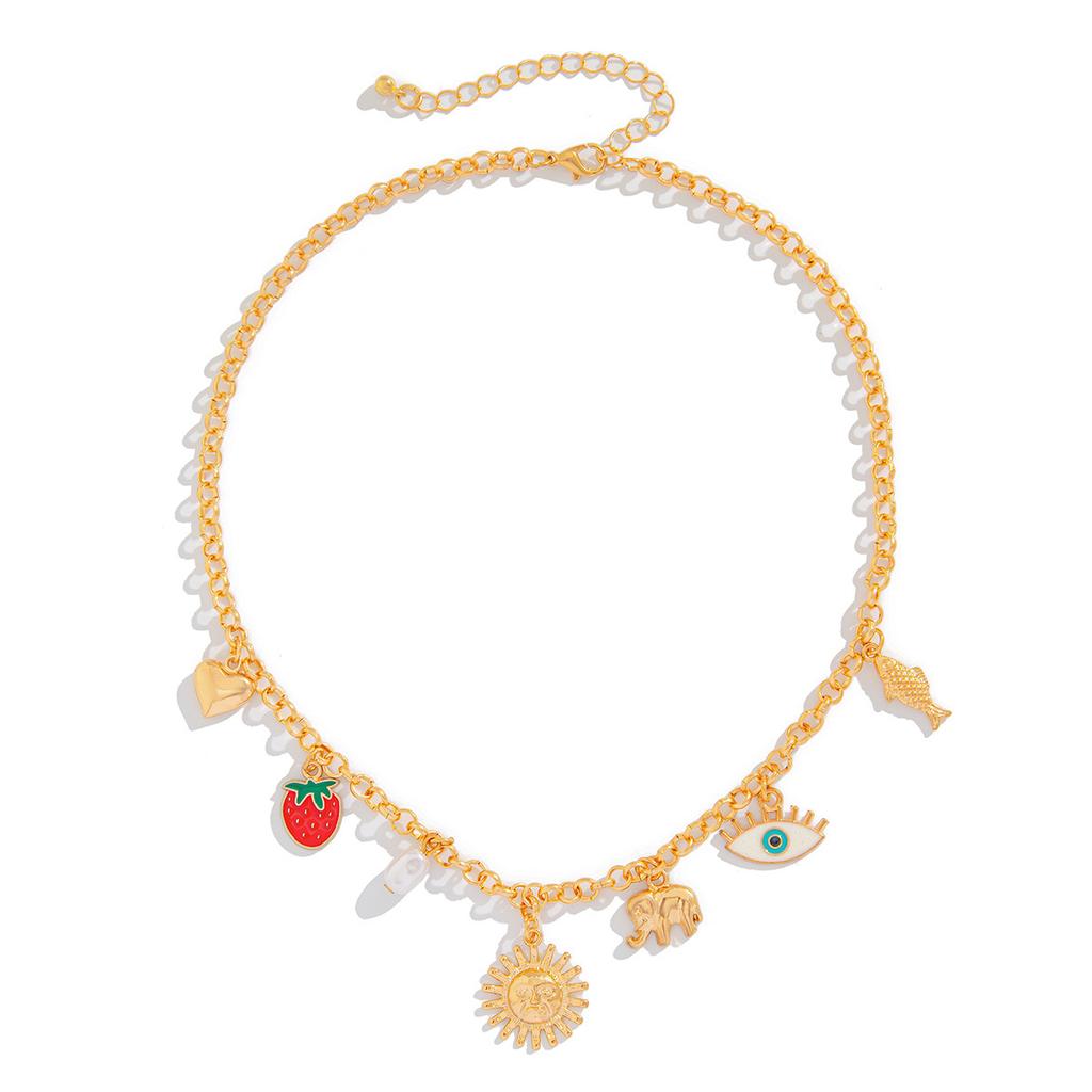 Cold Metal Multi-Eye Fringed Collarbone Necklace Female, Simple Heart-Shaped Strawberry Micro-Inlaid Jewelry
