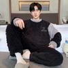 1set Men'S Casual Crew Neck Pajama Set, Cartoon Print, Polyester Knit Fabric, Slight Stretch, Loose Fit, Fall/Winter Warm Loungewear Set