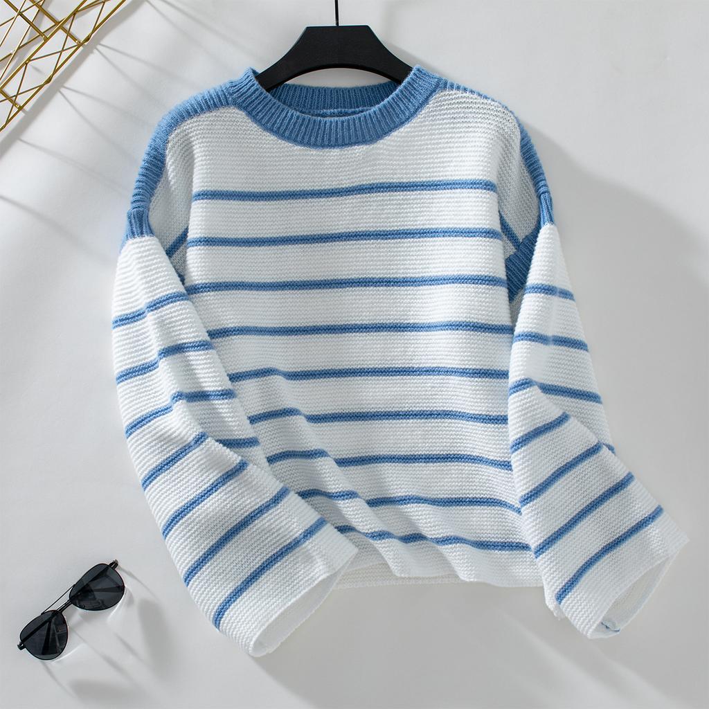 Autumn Winter Black White Stripe O-neck Pullover Sweater for Women's Outerwear Casual Oversized Lazy Style Knitted Sweaters Tops